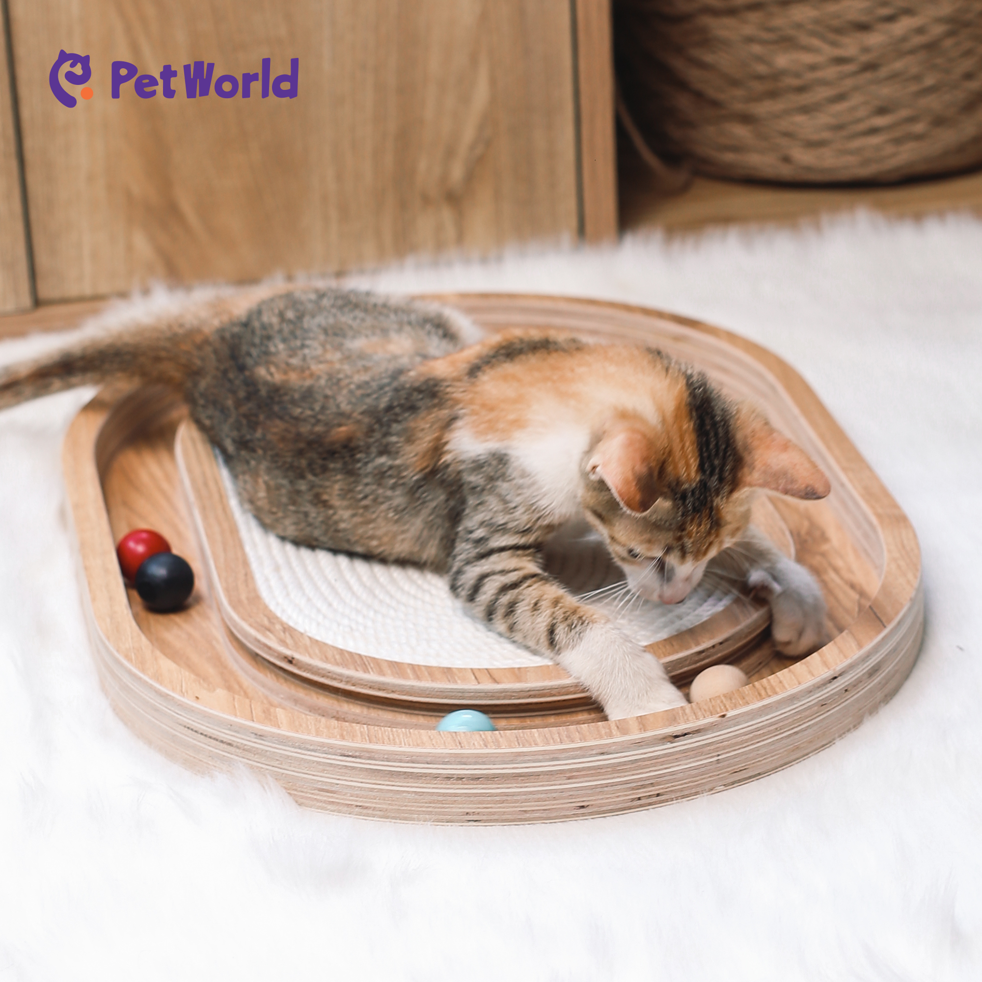 CST003 Eco-Friendly Oval Wooden Cat Scratcher with Interactive Balls_02