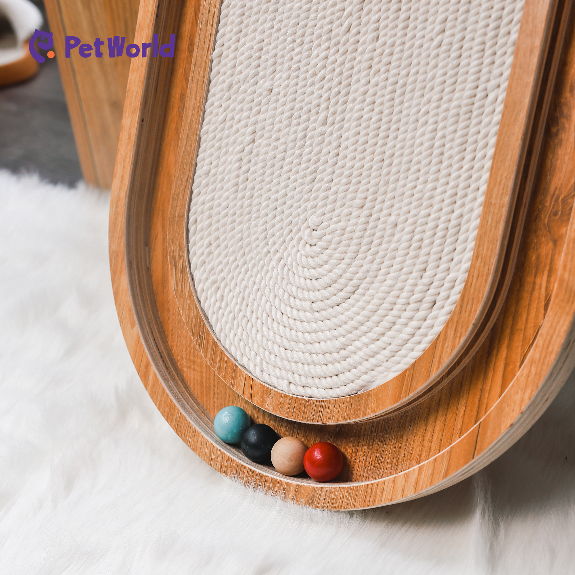 CST003 Eco-Friendly Oval Wooden Cat Scratcher with Interactive Balls_04