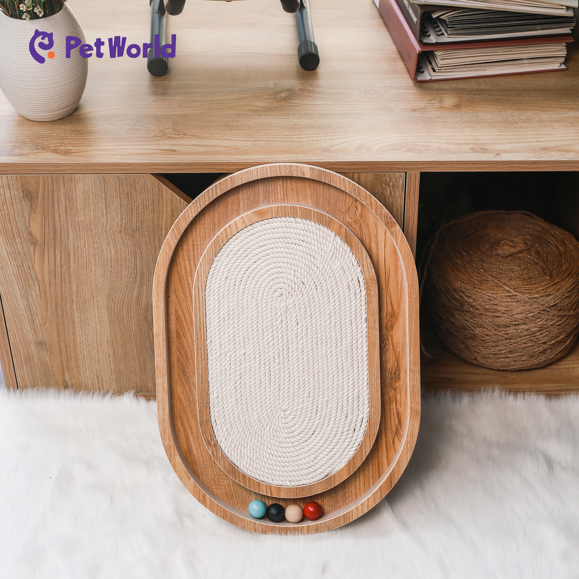 CST003 Eco-Friendly Oval Wooden Cat Scratcher with Interactive Balls_05