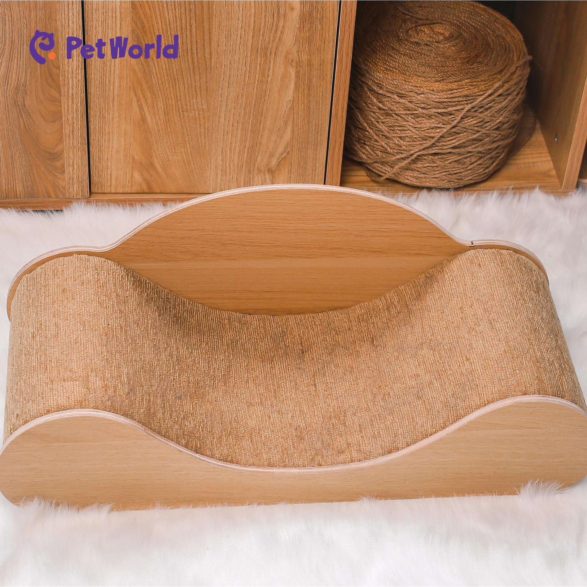 CST009 Modern Curved Wooden Cat Scratcher Bed with Natural Sisal_02