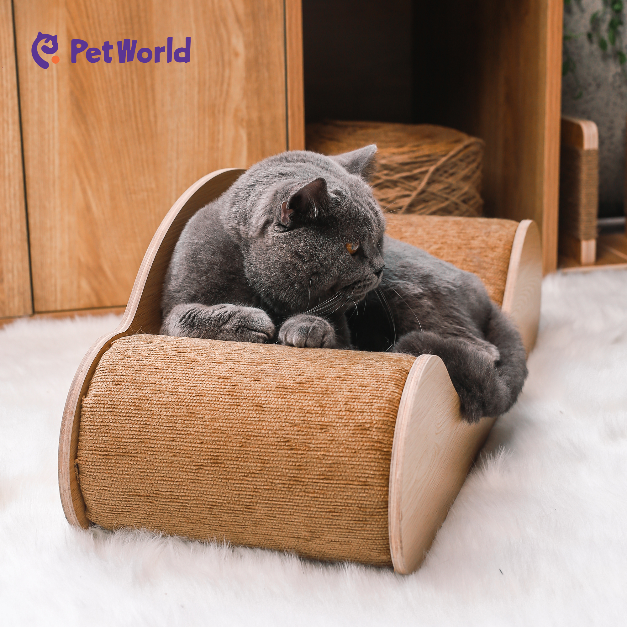 CST009 Modern Curved Wooden Cat Scratcher Bed with Natural Sisal_04