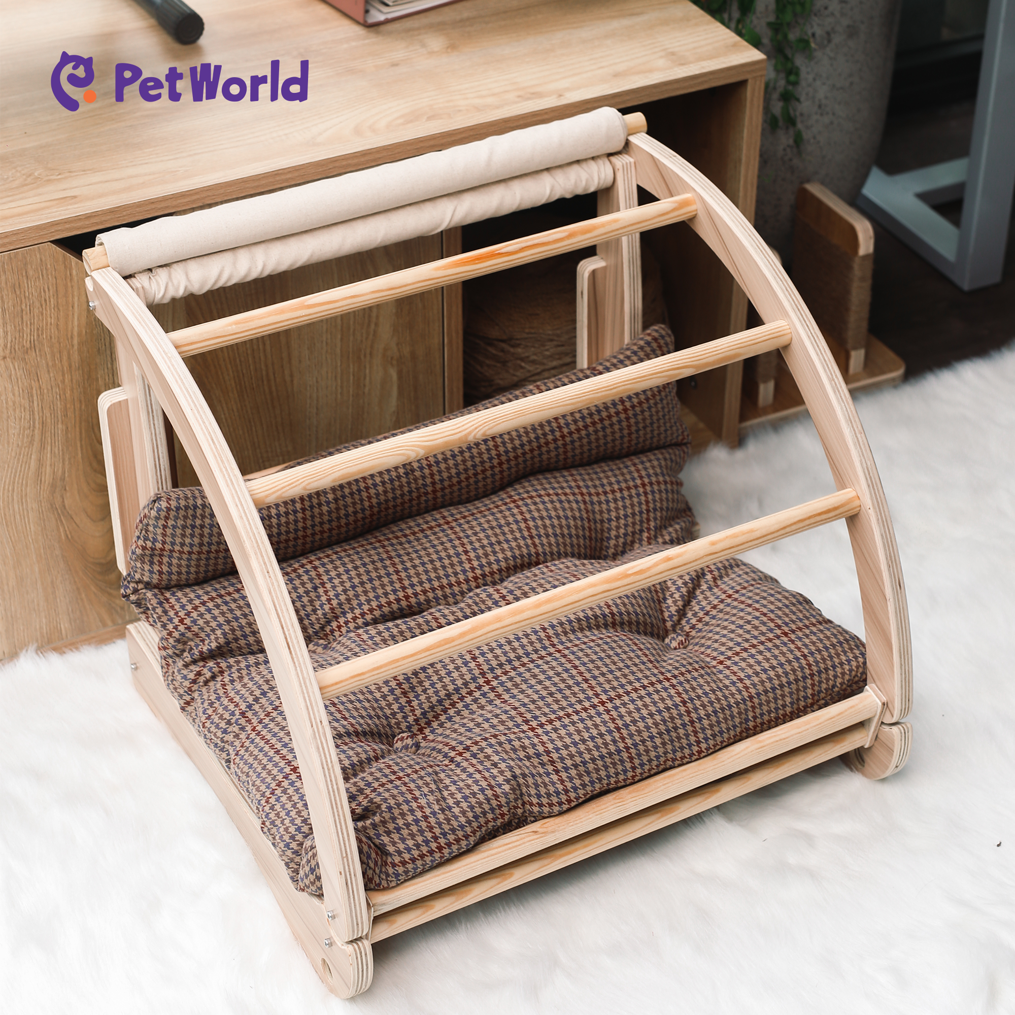 CWS001 Wall-mounted Horizontal Wooden Striped Pet Bed with Cushion_02