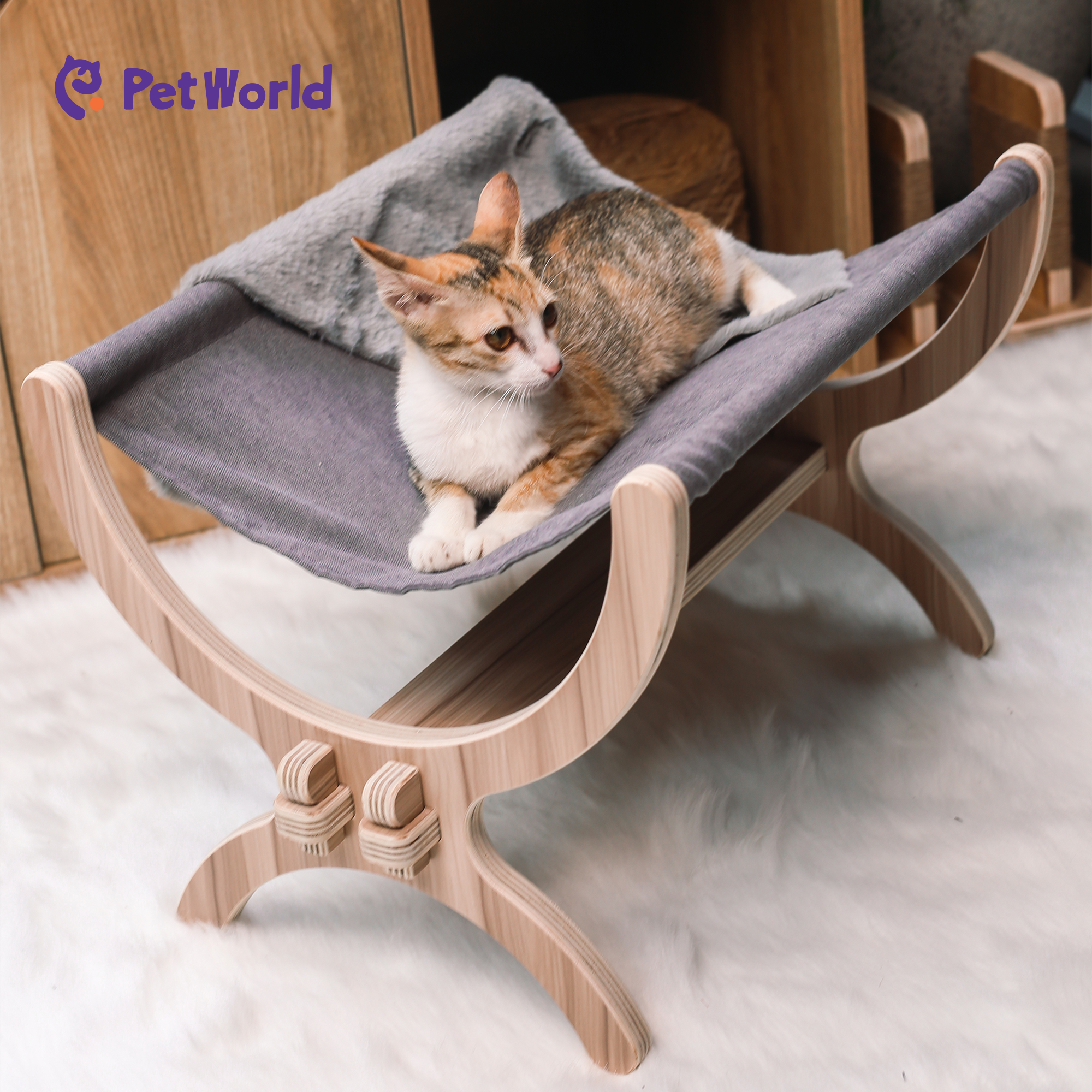 Elegant Wooden Cat Hammock with Plush Cushion_04