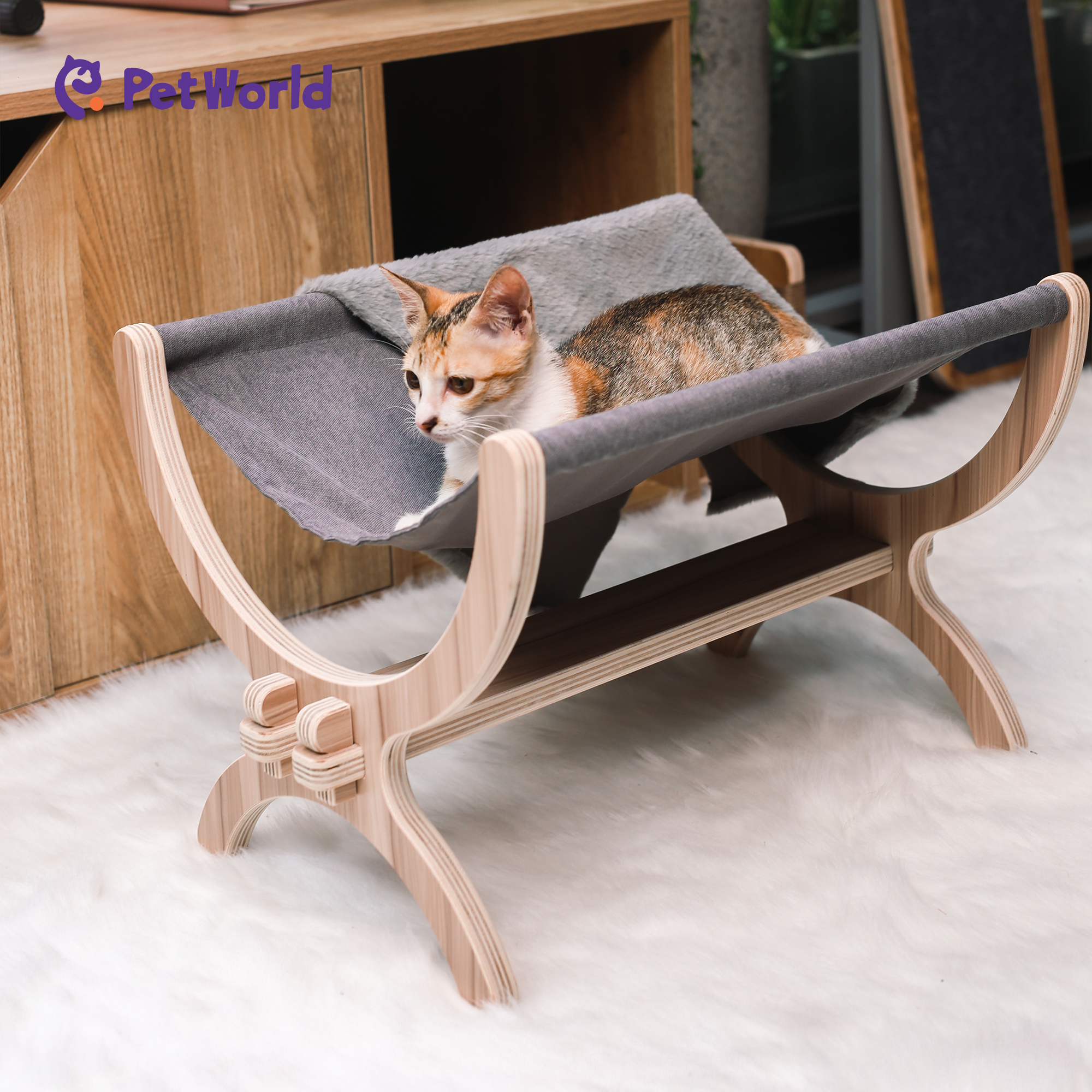 Elegant Wooden Cat Hammock with Plush Cushion_05