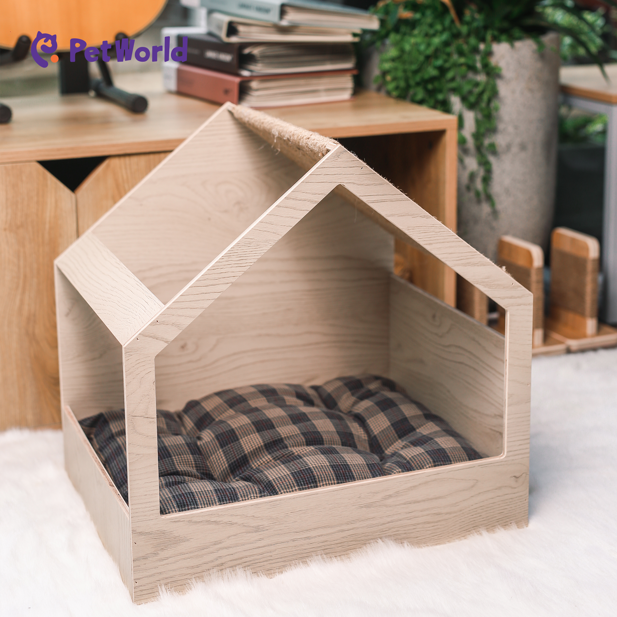 PH002 CozyTriangle Wooden Pet House with Plush Cushion_02