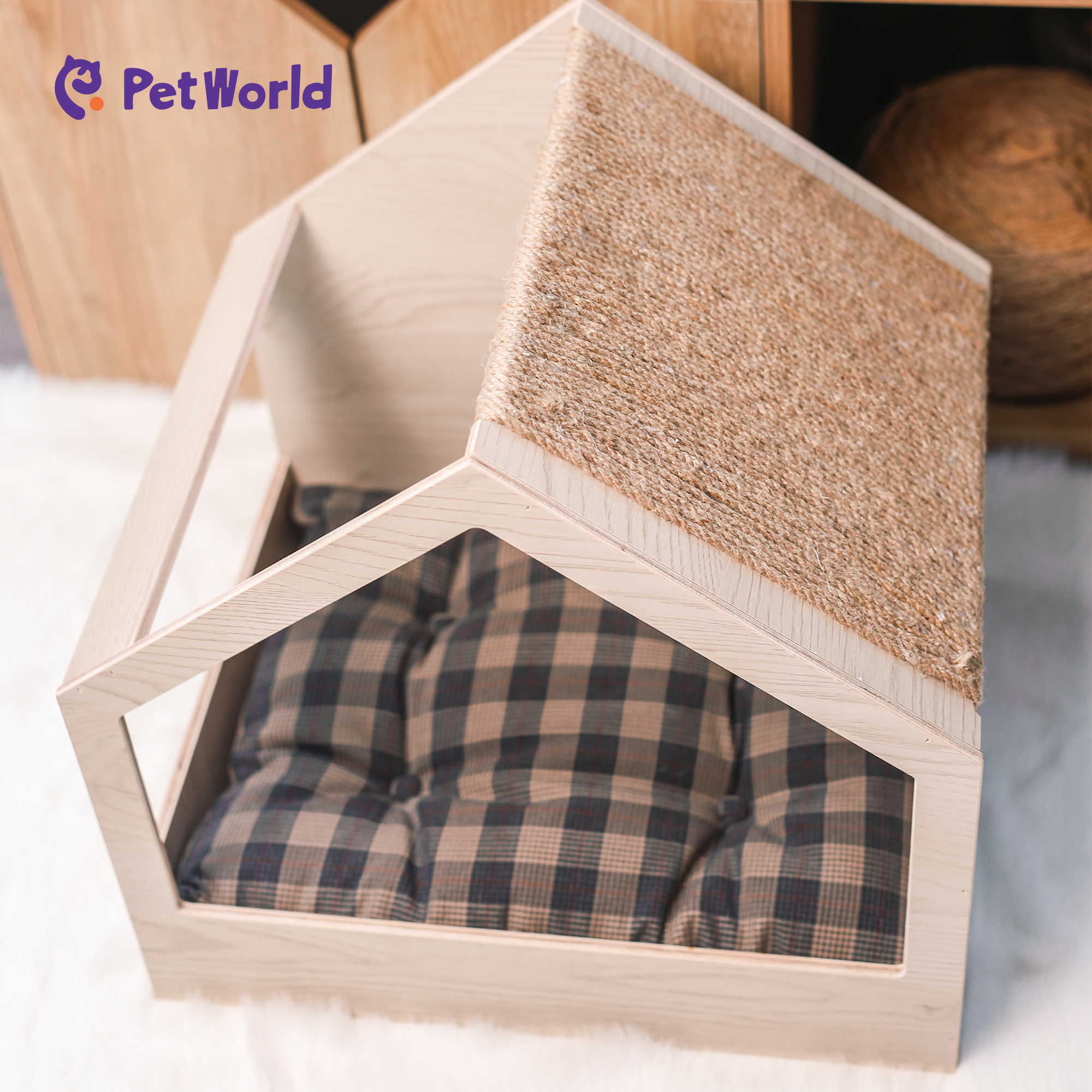 PH002 CozyTriangle Wooden Pet House with Plush Cushion_03