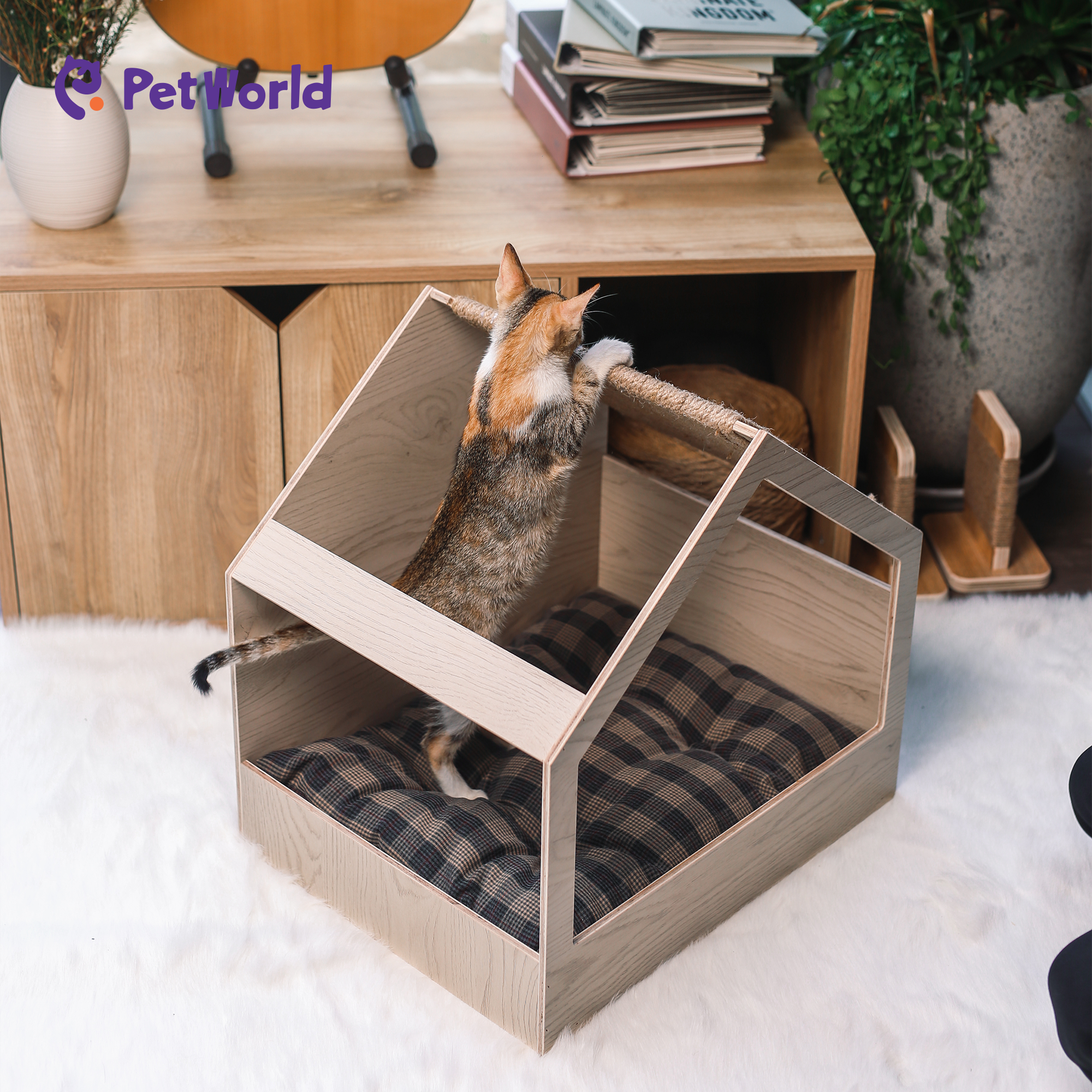 PH002 CozyTriangle Wooden Pet House with Plush Cushion_04